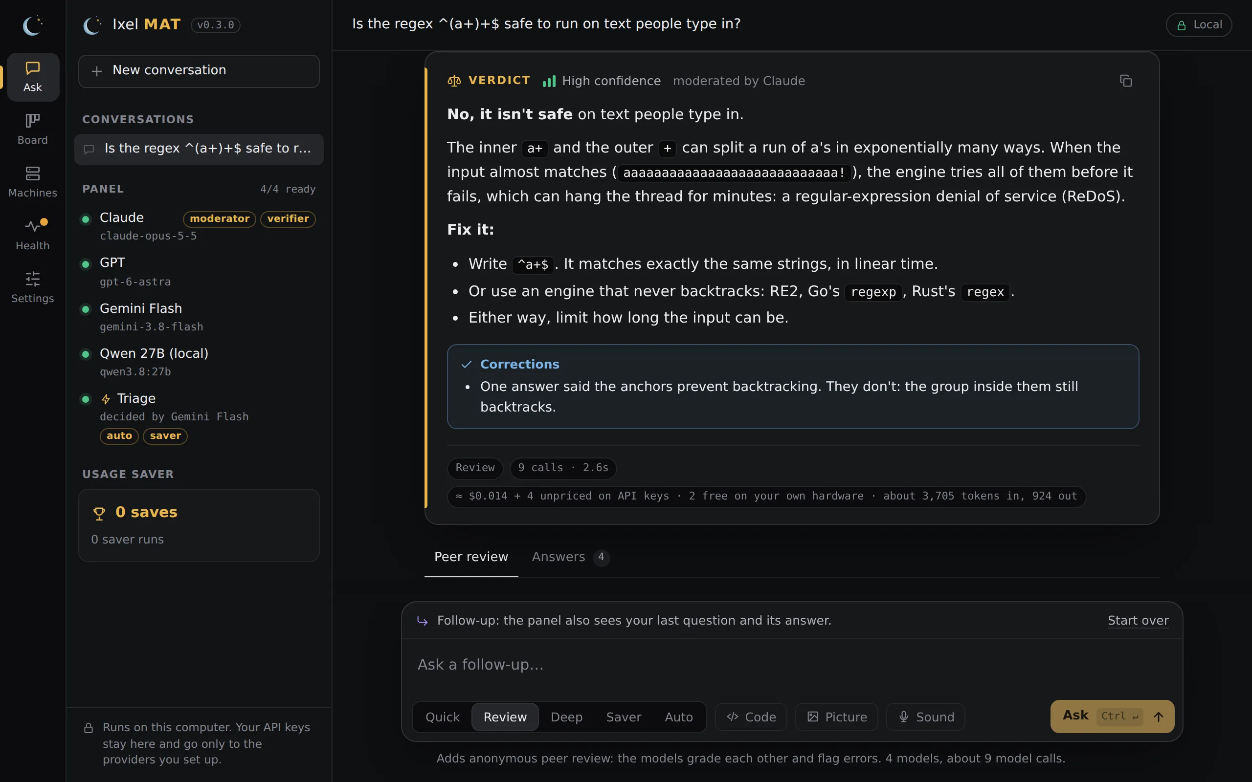 The Ixel app's Ask page: the panel's verdict on a question about a regular expression, with a correction where one model was wrong