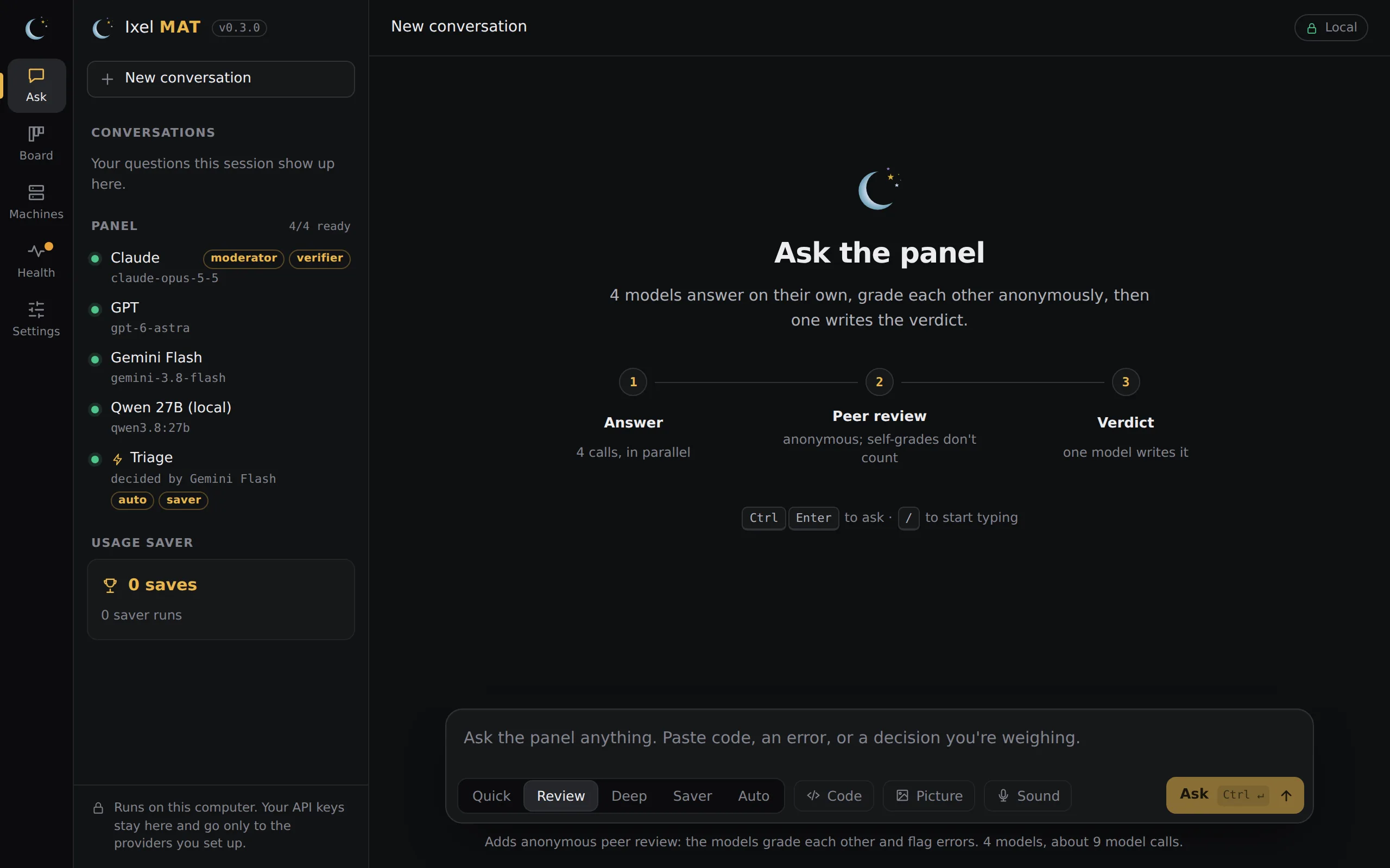 The Ask page before a question: the panel of four models down the side, and what happens when you ask