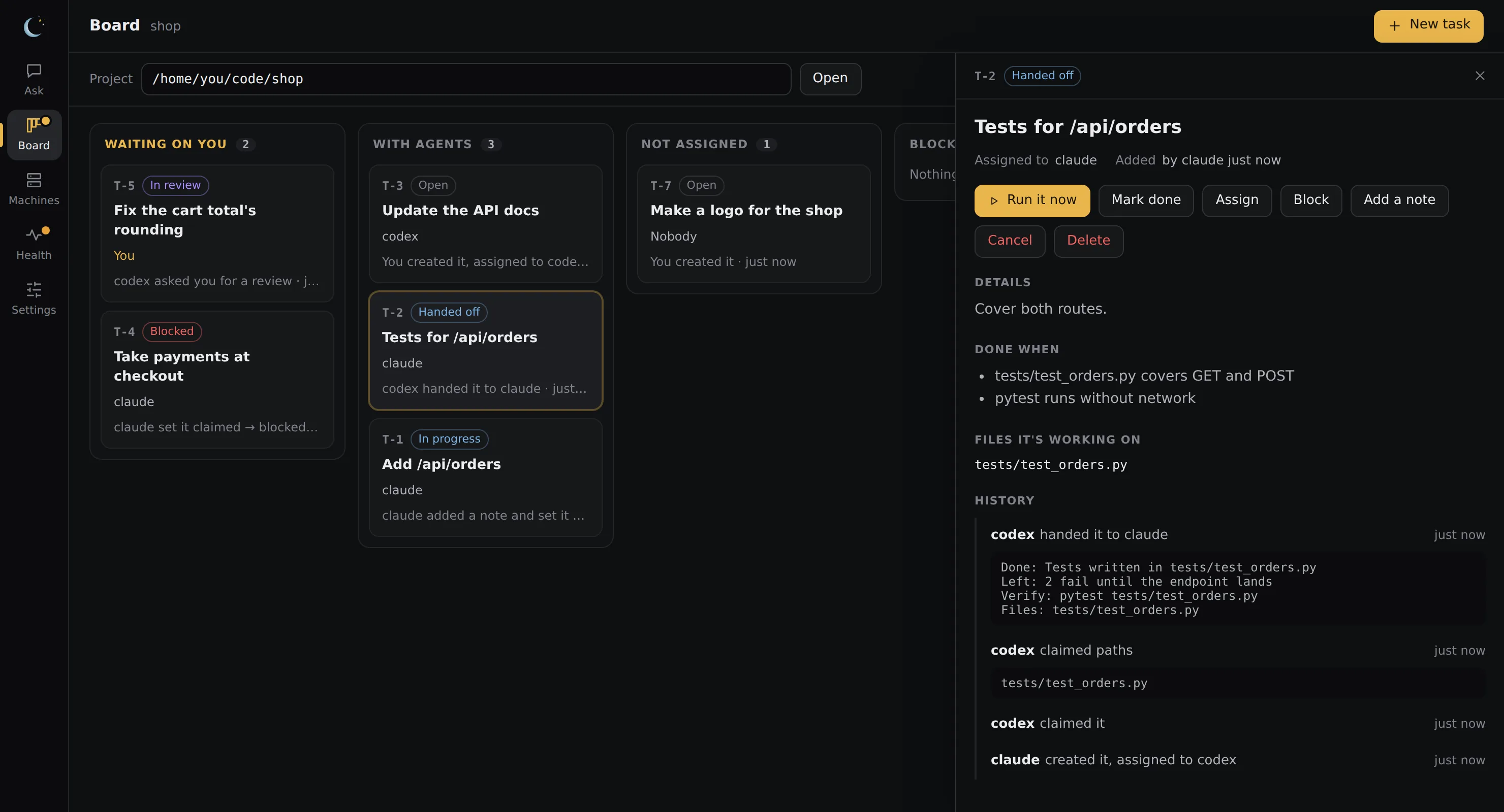 A task opened on the Board: its details, acceptance checks, the files it's working on, and its history, including Codex's handoff note