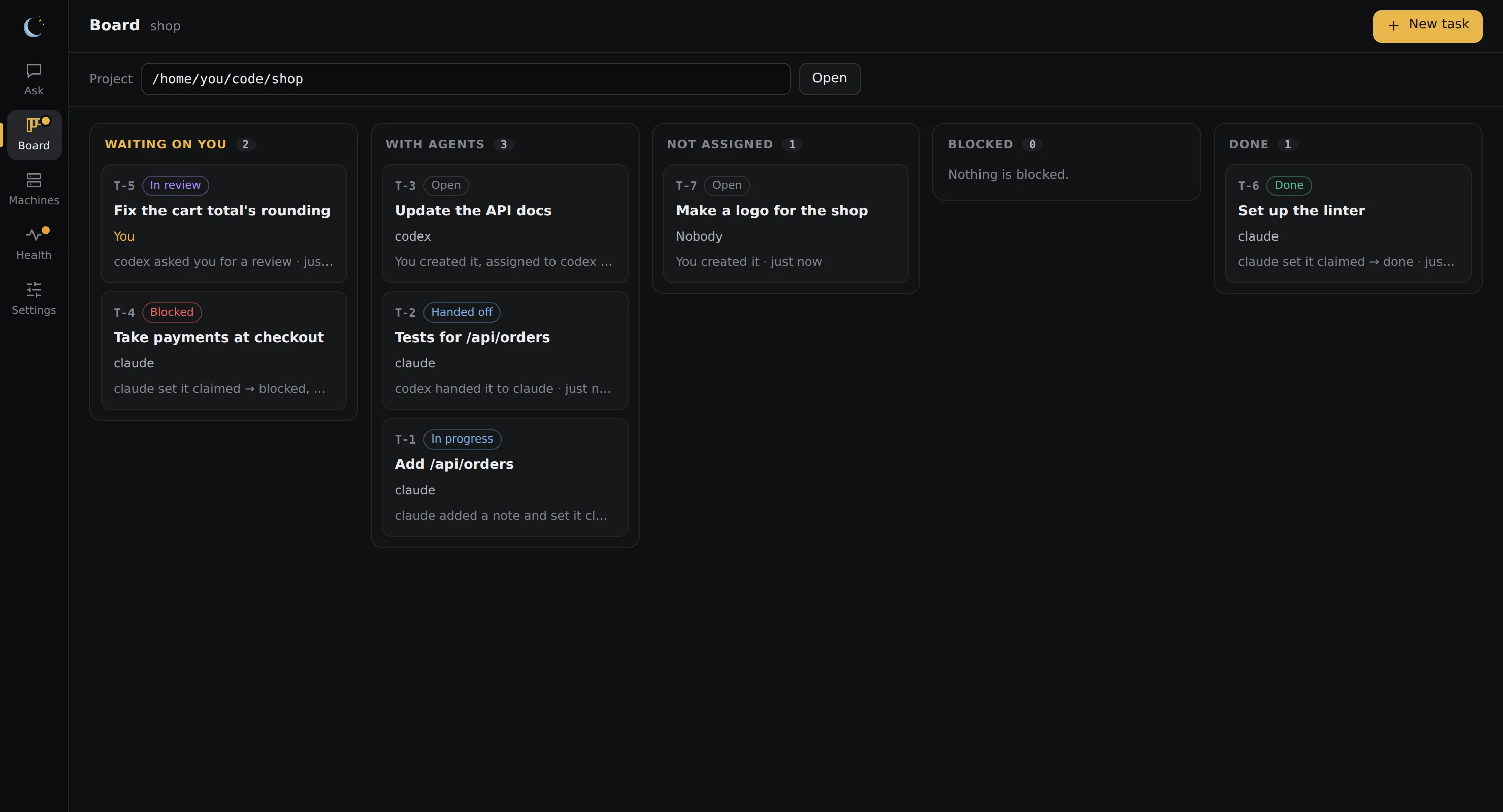 The same board in the Ixel app, in columns: waiting on you, with agents, not assigned, blocked and done