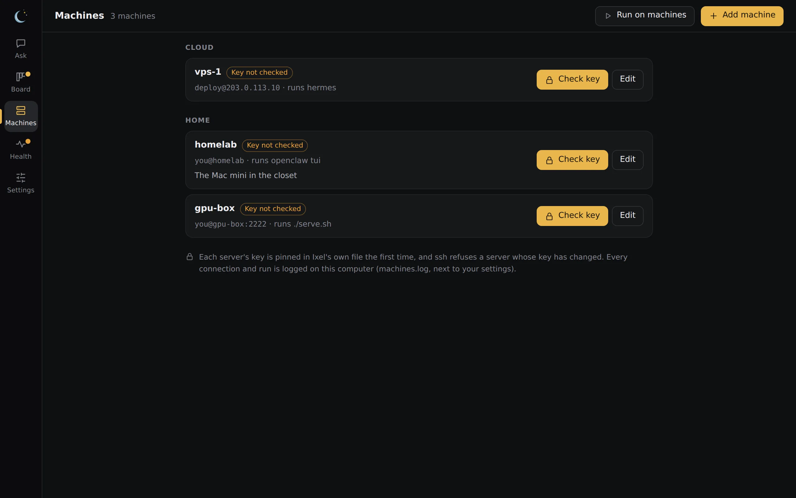 Machines: three servers in two groups, each with what runs when you connect and a button to check its key
