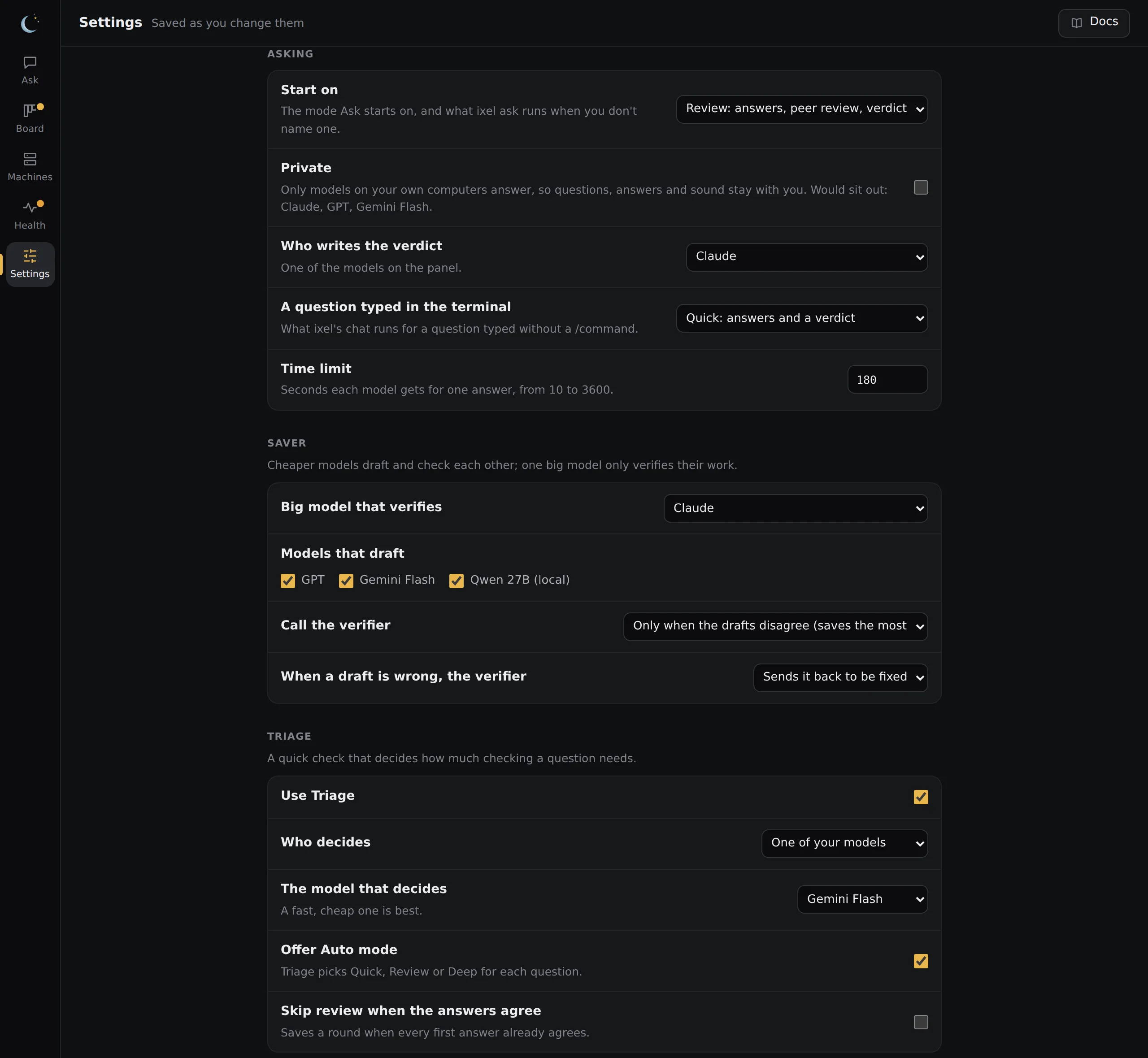 The app's Settings page: Asking, with Private and who writes the verdict; Saver, with the big model that verifies and the models that draft; and Triage