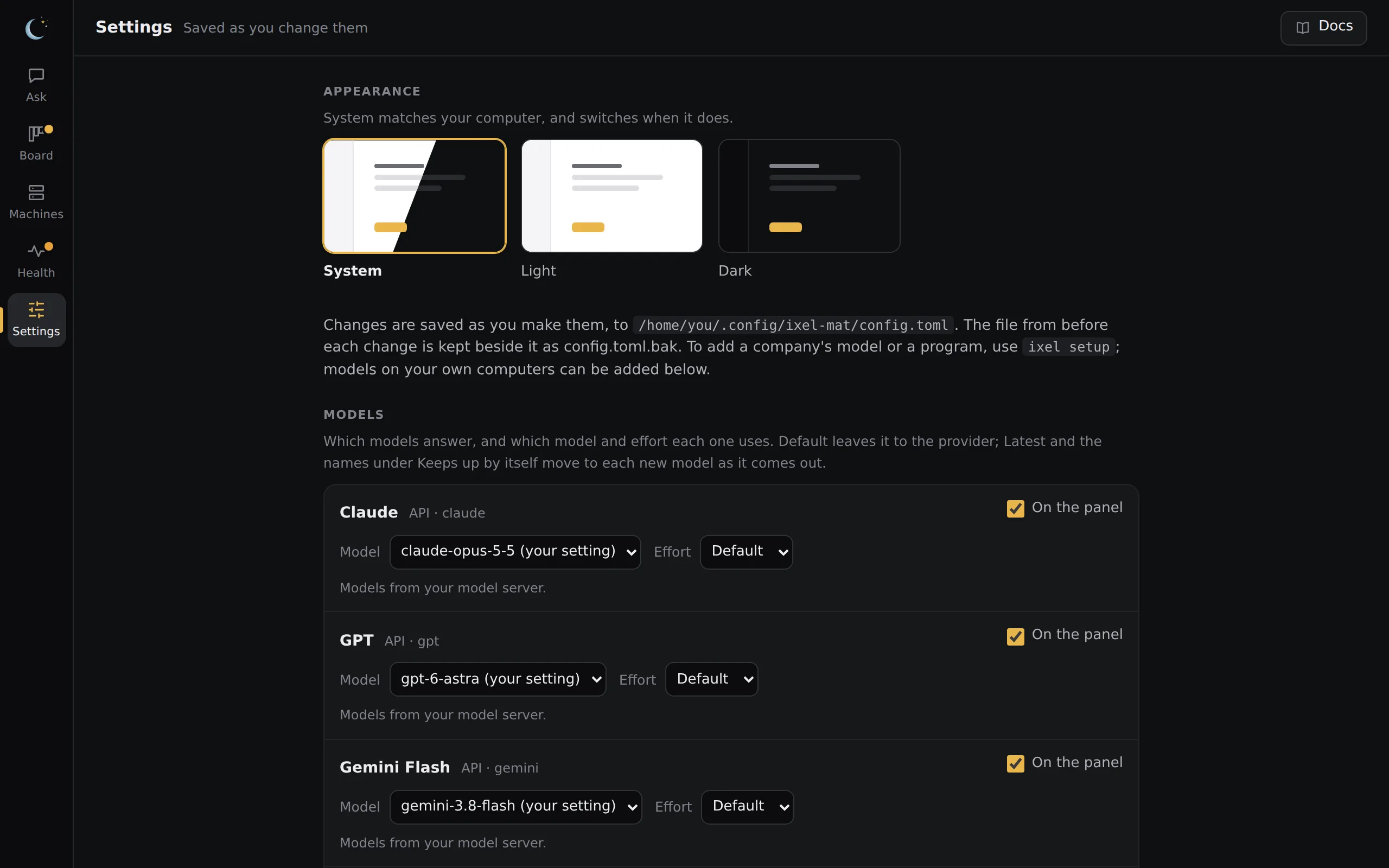 The Settings page: Appearance, then the models on the panel, each with a model and effort to pick, and the Docs button at the top